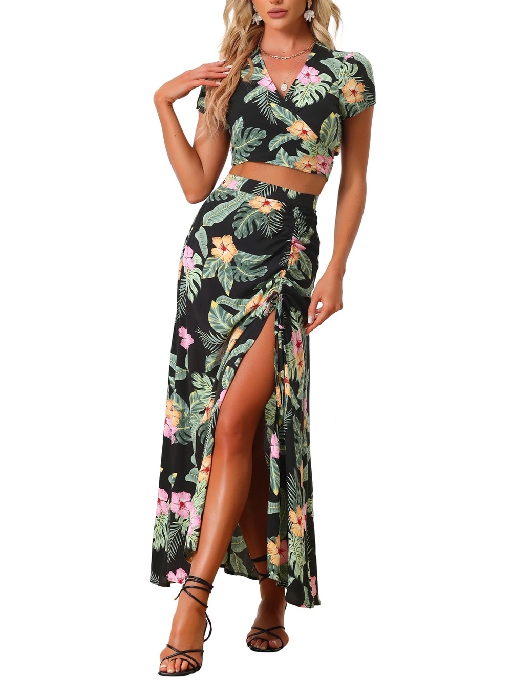 Allegra K Black Tropical Floral Maxi Skirt with Side Ruched Slit